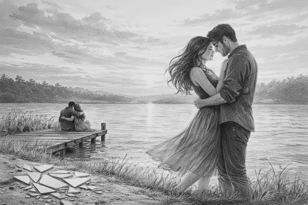 Two person in front of lake