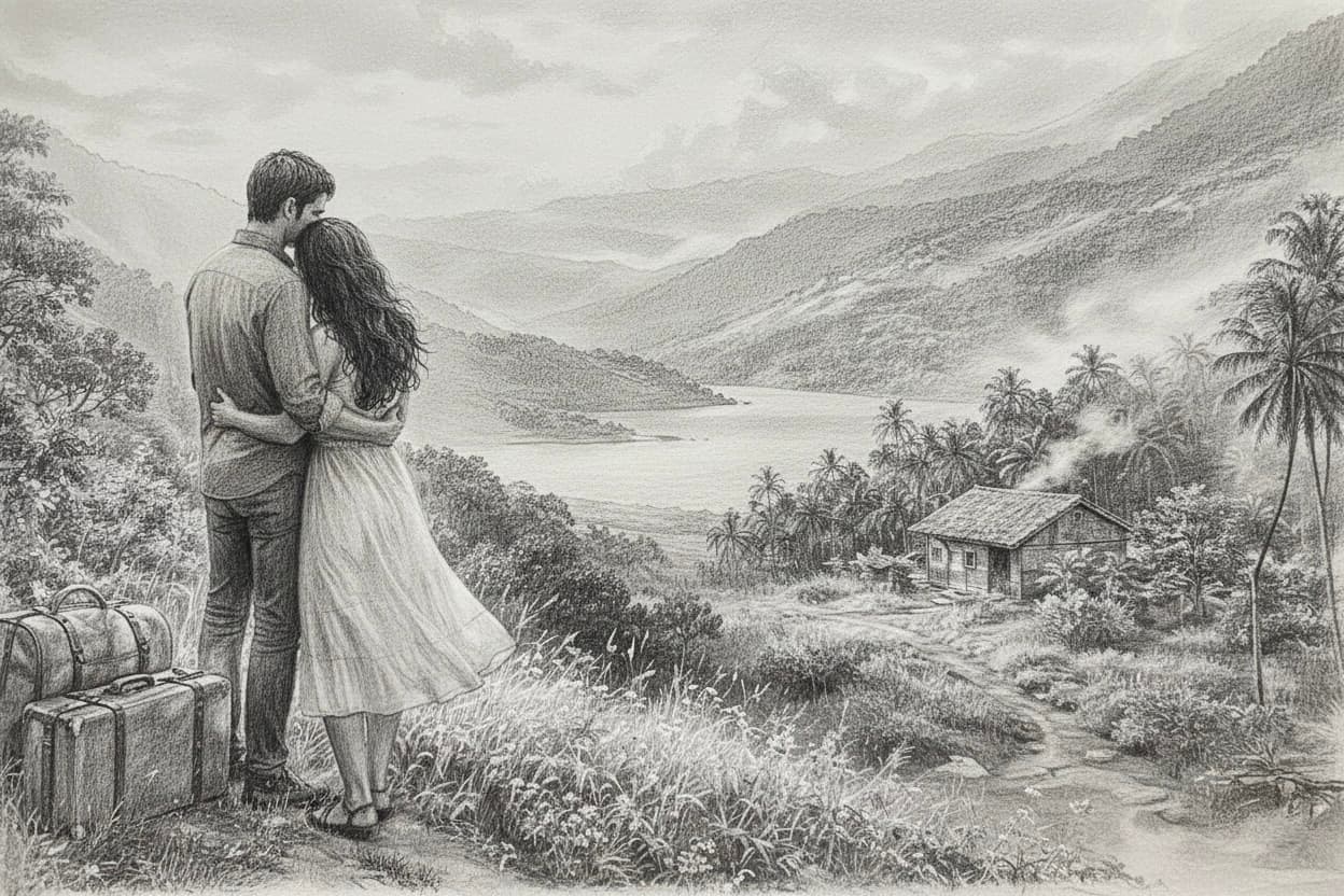 Two person in front of montain